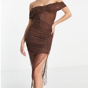 ASOS Womens Size US 2 Brown Corset Off The Shoulder Pearl Midi Dress